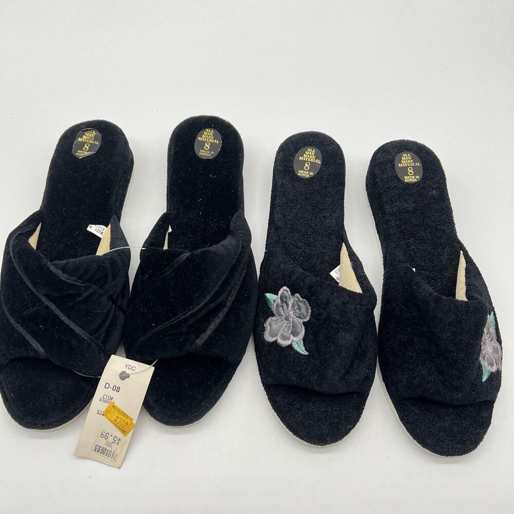 VTG 2 Pairs of 1980s Black Velvet Boudoir Slippers 1 w/Satin Ribbon/1 Floral-Sz8